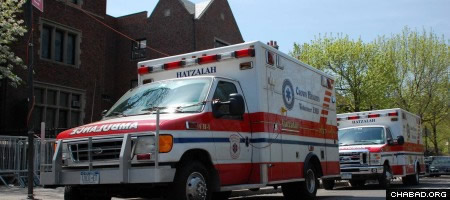 The Crown Heights Hatzalah ambulance is usually seen parked outside the main synagogue at 770 Eastern Parkway.