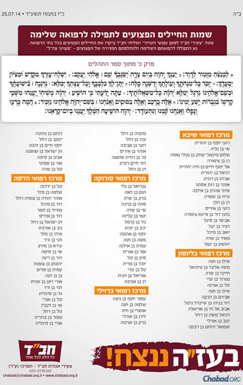 An ad in Israeli media provides the Hebrew names of the injured, along with their mothers’ first names; the hospitals in which they are being treated; and Psalm 20.