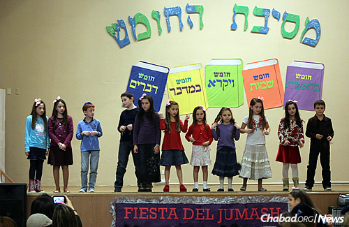 Students celebrate Torah study at Chabad’s Wolfsohn-Tabacinic School in the Belgrano neighborhood of Buenos Aires. While the school's general education has remained first-class, the Jewish studies have, by all accounts, greatly improved in recent decades.