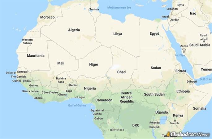 Ivory Coast, shown here as Côte d’Ivoire, will be home to the seventh permanent center under the umbrella of Chabad of Central Africa.