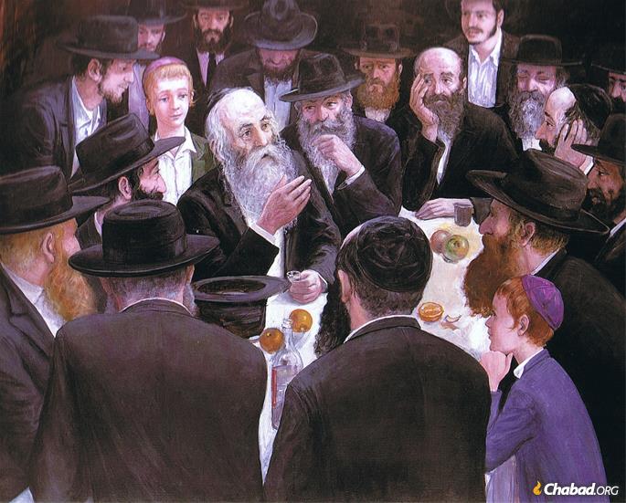 In this painting Hasidic artist Zalman Kleinman shows the “farbrengen,” a Hasidic gathering that features song, stories, Torah teachings and inspiration.