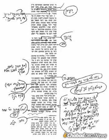 Once a team of scholars constructed an essay, the Rebbe would spend hours editing their work before sending it back for a second round. Seen here is a page of the Rebbe's edits on the sicha of Parshat Baahalotecha 1974, including the addition of an entire section (se'if) in his own handwriting. This talk appears in Likutei Sichot, volume 13, page 26. (Photo: Rabbi Leibel Schapiro via A Chassidishe Derher magazine)