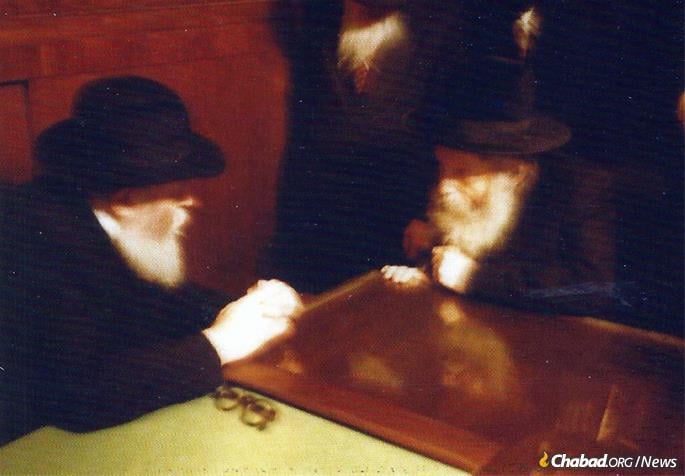 The Rebbe with the Rebbe of Gur, Rabbi Pinchas Menachem Alter (photo: wiki commons)