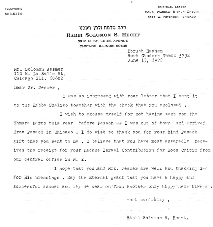 In his letter Rabbi Hecht notes that he had forwarded Jesmer's letter to the Rebbe (courtesy of Lubavitch Chabad of Illinois Archives).